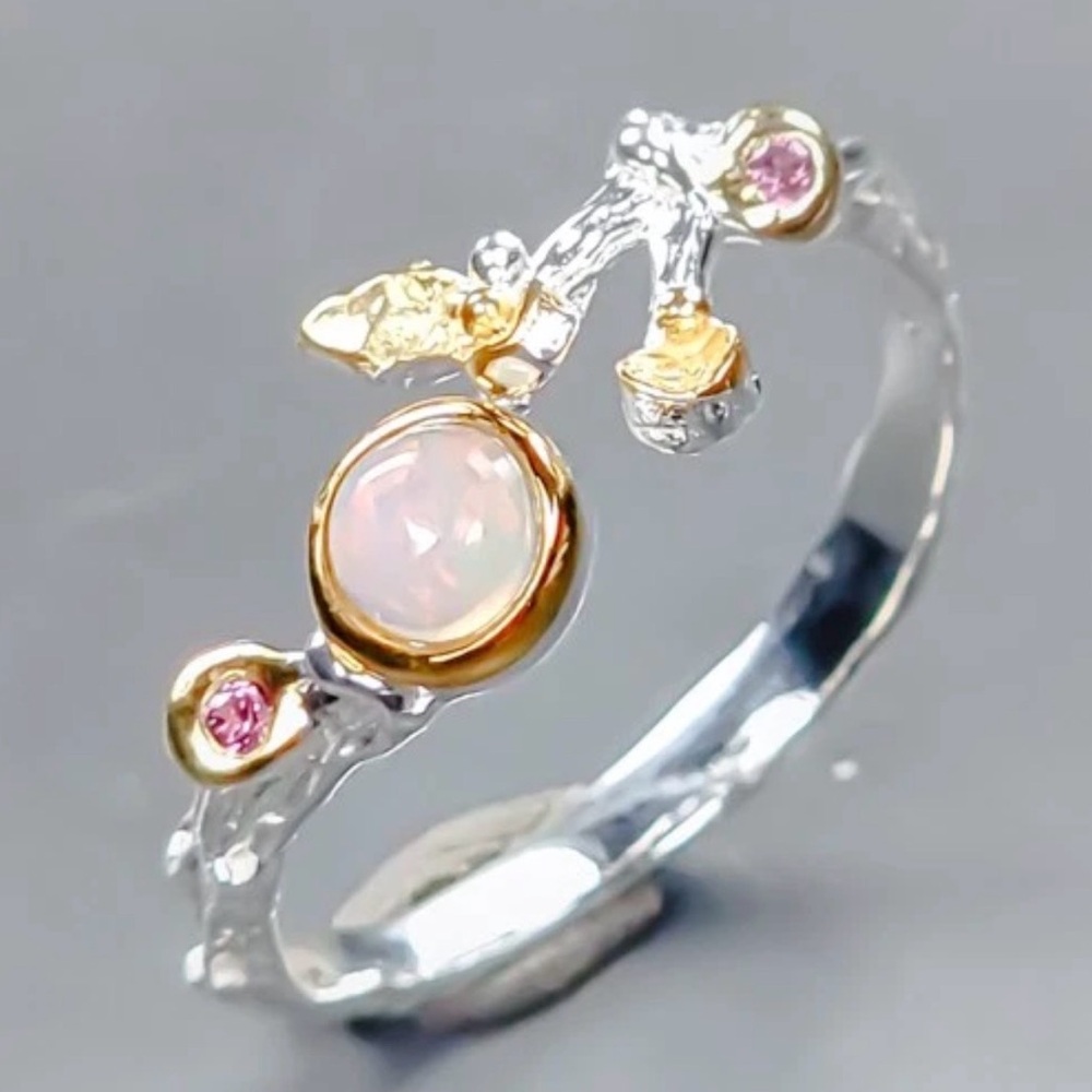 Natural white Opal & Garnet in 925 Sterling Silver & 14K YG Bypass Ring Size 7.5